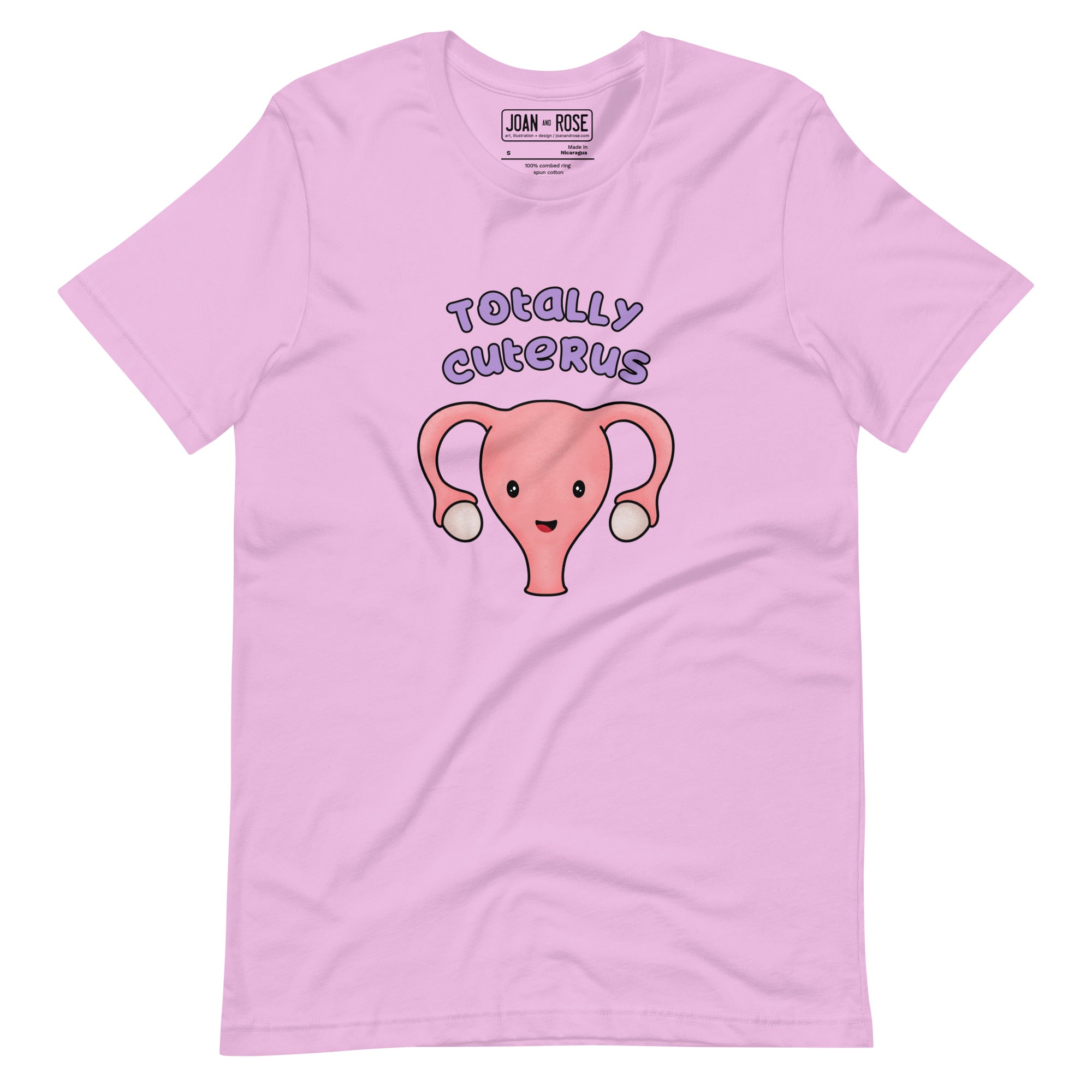 Lilac coloured t-shirt with an illustration of a cute uterus character smiling with the text in purple 'Totally Cuterus'